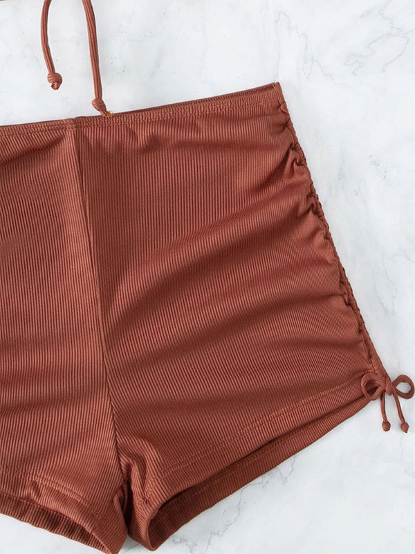 Quinn New Solid Color Halter Neck Bikini Split Boxer Briefs Bikini Swimsuit