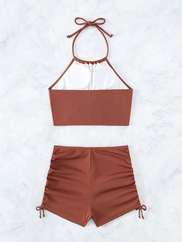 Quinn New Solid Color Halter Neck Bikini Split Boxer Briefs Bikini Swimsuit