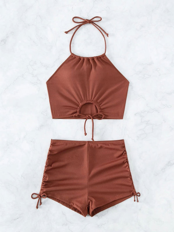 Quinn New Solid Color Halter Neck Bikini Split Boxer Briefs Bikini Swimsuit
