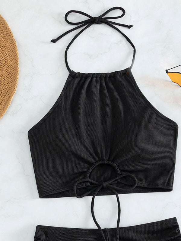 Quinn New Solid Color Halter Neck Bikini Split Boxer Briefs Bikini Swimsuit