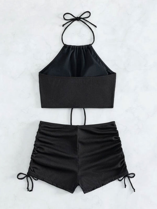 Quinn New Solid Color Halter Neck Bikini Split Boxer Briefs Bikini Swimsuit