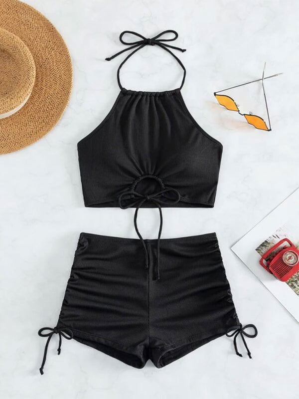 Quinn New Solid Color Halter Neck Bikini Split Boxer Briefs Bikini Swimsuit
