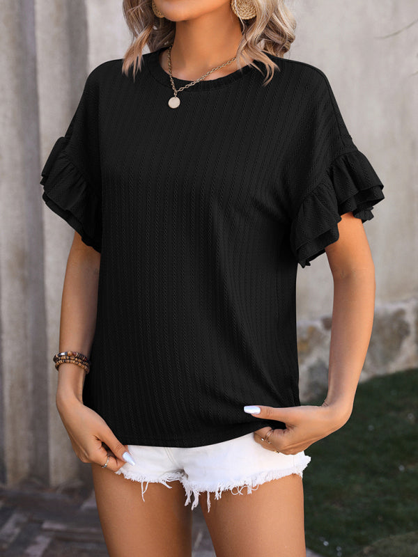 Lindsay New Solid Color Round Neck Ruffle Sleeve Short Sleeve T-Shirt Top