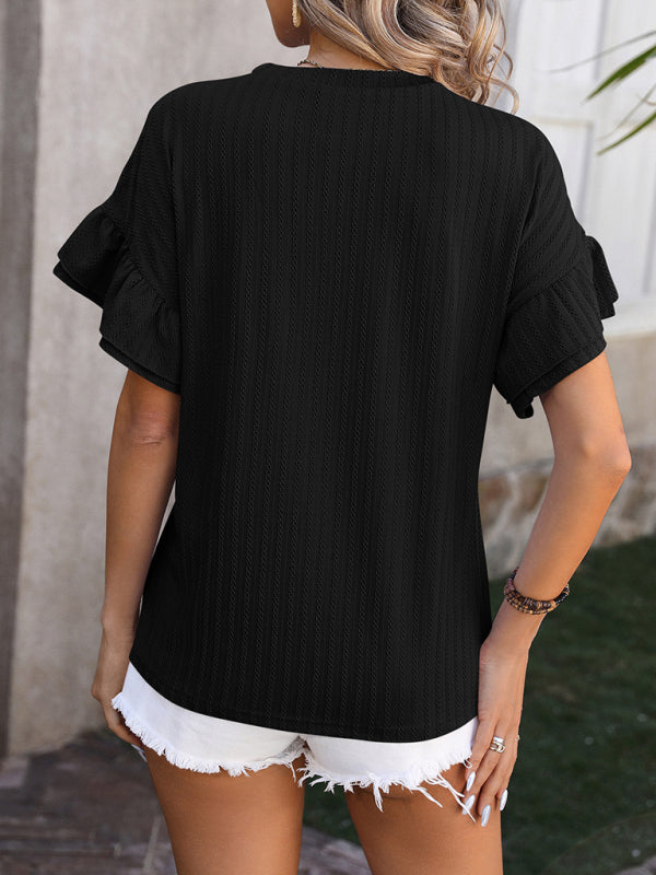 Lindsay New Solid Color Round Neck Ruffle Sleeve Short Sleeve T-Shirt Top