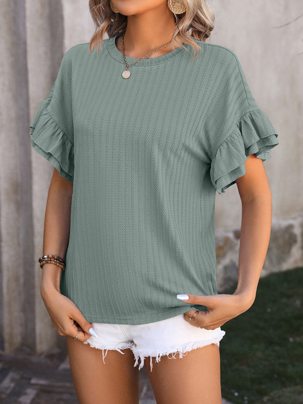 Lindsay New Solid Color Round Neck Ruffle Sleeve Short Sleeve T-Shirt Top