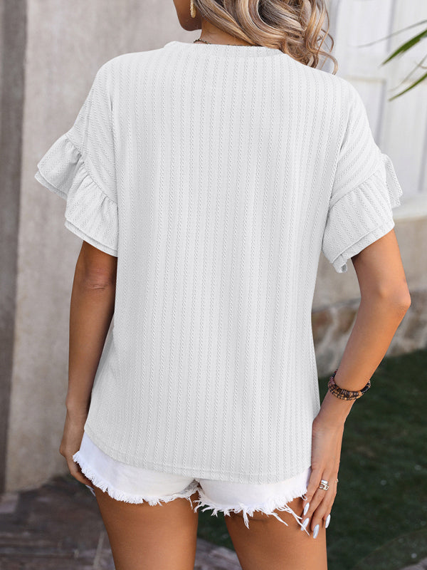 Lindsay New Solid Color Round Neck Ruffle Sleeve Short Sleeve T-Shirt Top