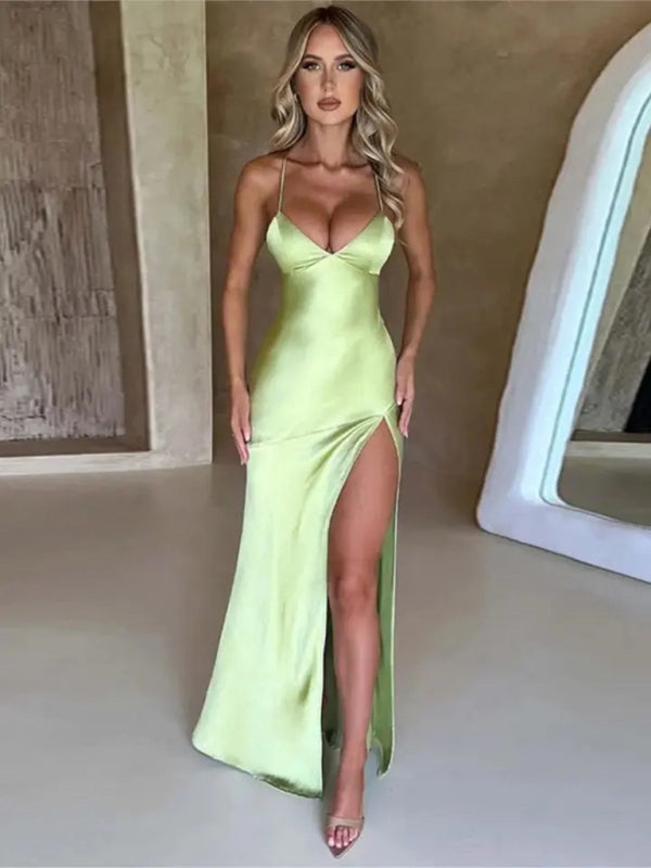 Reese Women's Suspender V-Neck Satin Slit Sexy Backless Long Dress