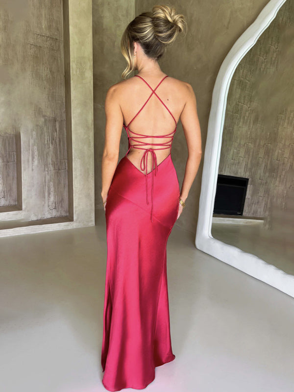 Reese Women's Suspender V-Neck Satin Slit Sexy Backless Long Dress