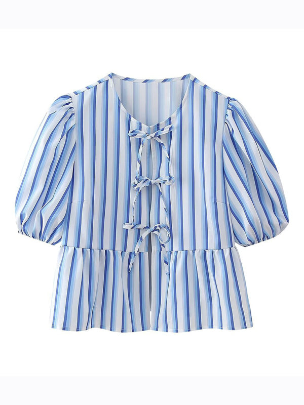 Annalora Fashionable, Casual And Versatile Multi-Color Puff Sleeve Lace-Up Top
