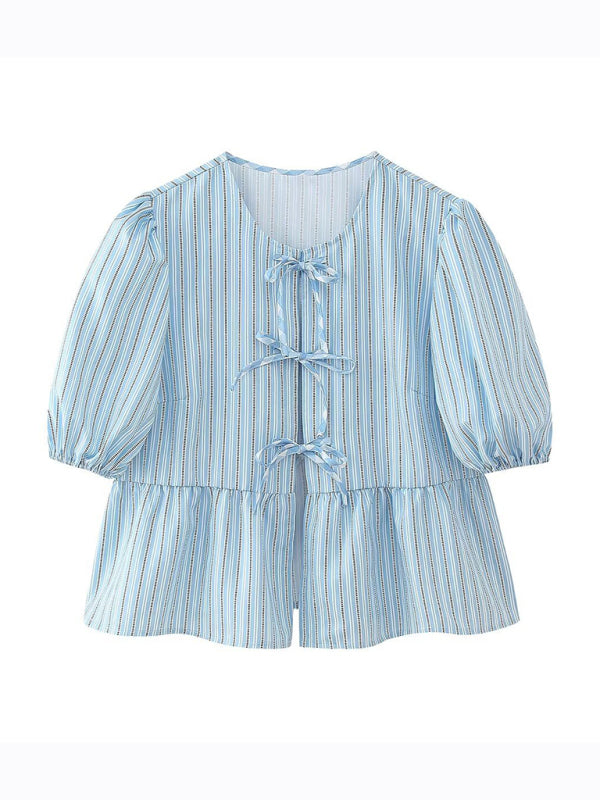 Annalora Fashionable, Casual And Versatile Multi-Color Puff Sleeve Lace-Up Top