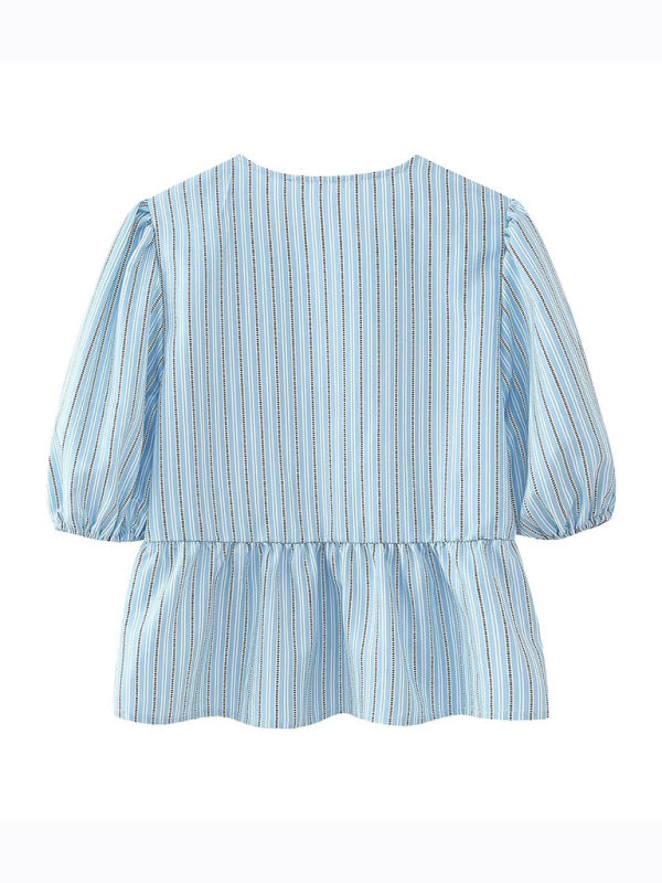 Annalora Fashionable, Casual And Versatile Multi-Color Puff Sleeve Lace-Up Top