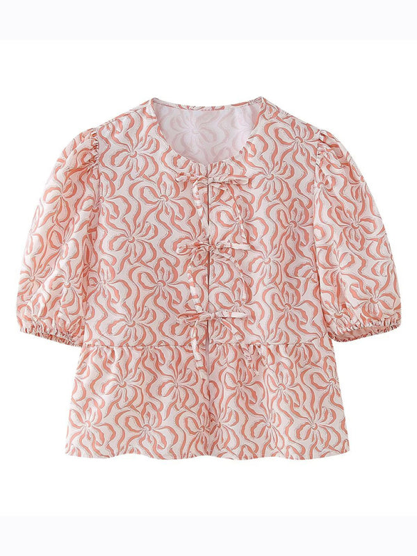 Annalora Fashionable, Casual And Versatile Multi-Color Puff Sleeve Lace-Up Top