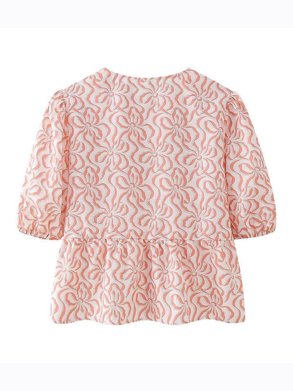 Annalora Fashionable, Casual And Versatile Multi-Color Puff Sleeve Lace-Up Top