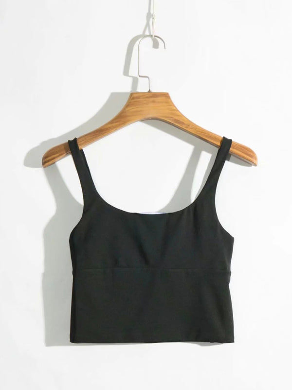 Coral New Retro Square Neck Pleated Slim High Waisted Short Vest Halter Top