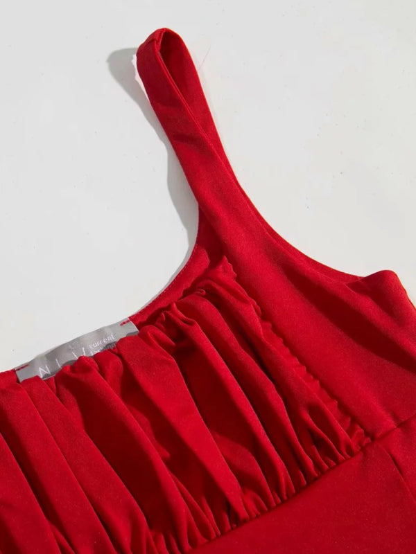 Coral New Retro Square Neck Pleated Slim High Waisted Short Vest Halter Top