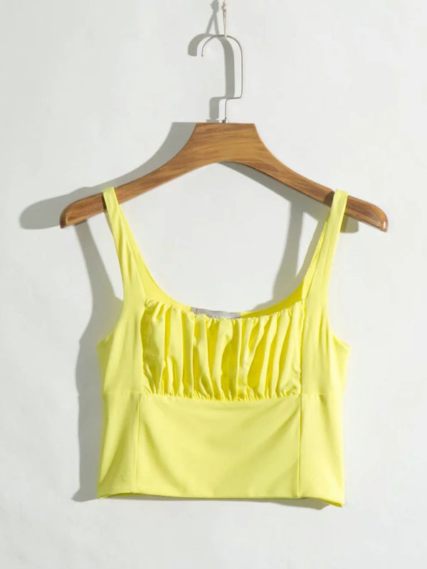 Coral New Retro Square Neck Pleated Slim High Waisted Short Vest Halter Top