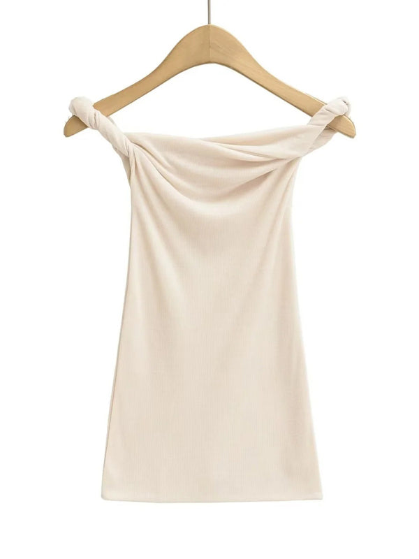 Coralie New Design Twisting One-Line Collar Sexy Hot Girl Slim Solid Color T-Shirt