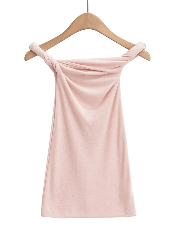 Coralie New Design Twisting One-Line Collar Sexy Hot Girl Slim Solid Color T-Shirt