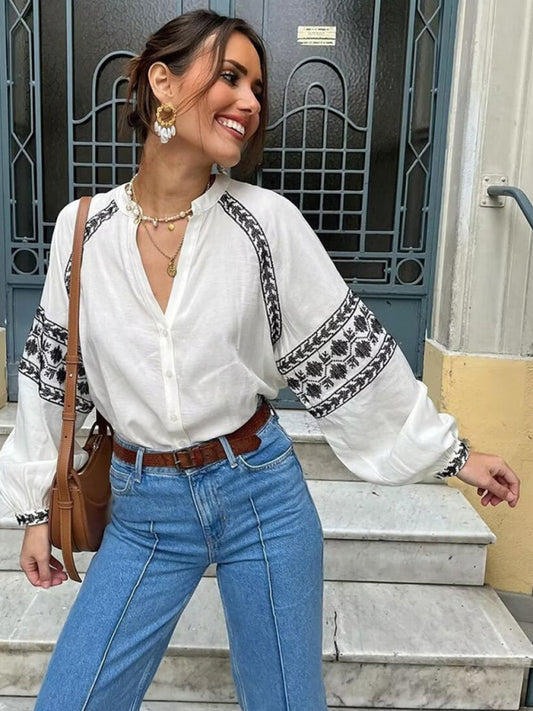 Jamila New Women's Fashionable Versatile Cross-Stitch Personalized Contrasting Shirt