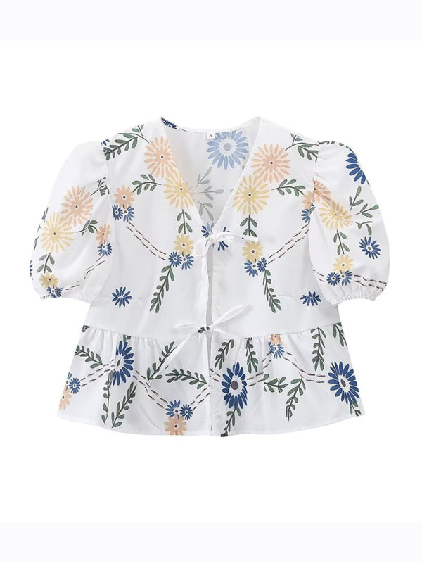 Marit Women's Irregular Floral Print V-Neck Short-Sleeved Bow-Detailed Lace-Up Shirt Top