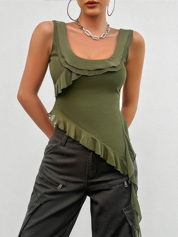 Genevra Women's Casual Solid Color Sleeveless U-Neck Mesh Top