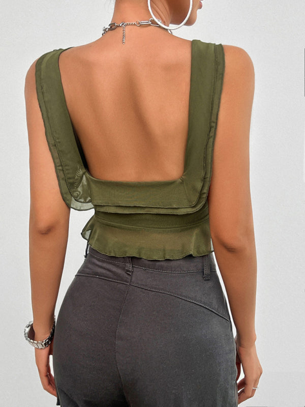 Genevra Women's Casual Solid Color Sleeveless U-Neck Mesh Top