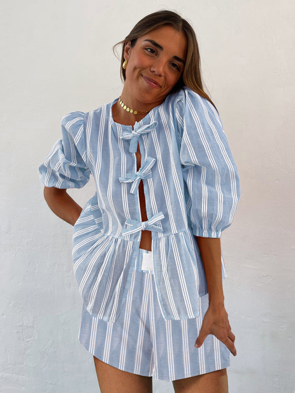 Aitana New Striped Lace Mid-Sleeve Loose Patchwork Shirt Blouse Top