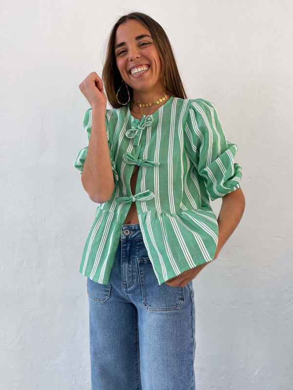 Aitana New Striped Lace Mid-Sleeve Loose Patchwork Shirt Blouse Top