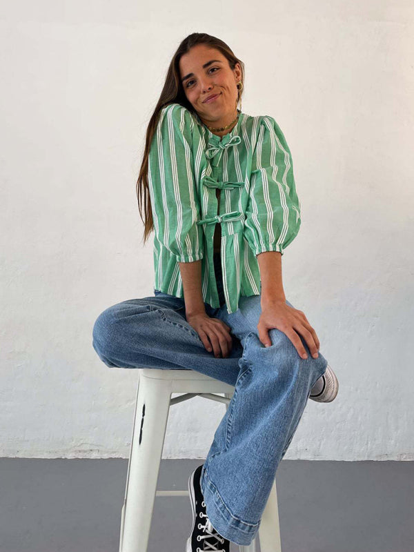 Aitana New Striped Lace Mid-Sleeve Loose Patchwork Shirt Blouse Top