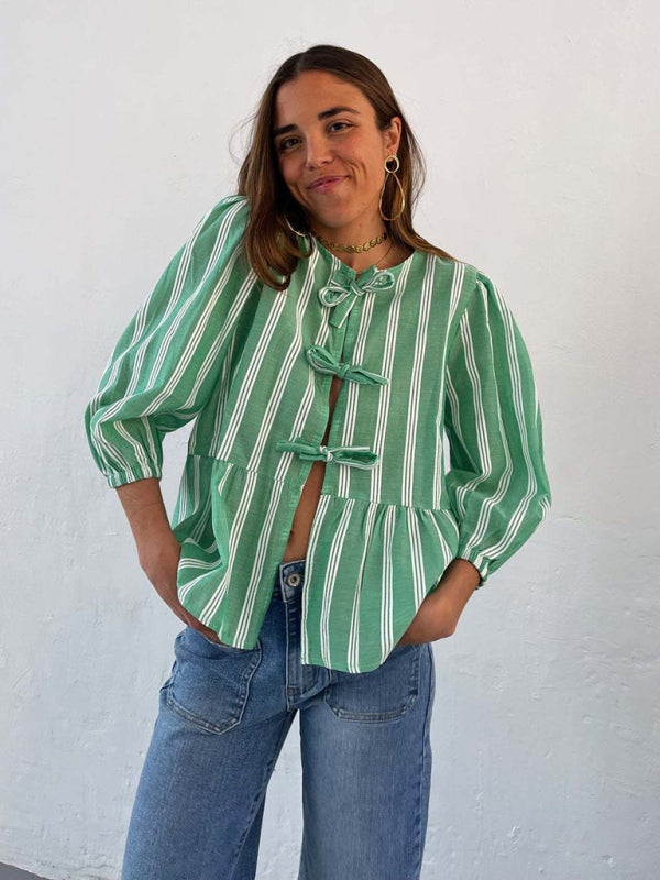 Aitana New Striped Lace Mid-Sleeve Loose Patchwork Shirt Blouse Top