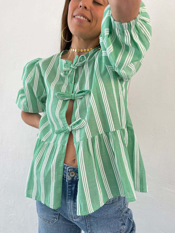 Aitana New Striped Lace Mid-Sleeve Loose Patchwork Shirt Blouse Top