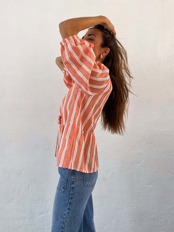 Aitana New Striped Lace Mid-Sleeve Loose Patchwork Shirt Blouse Top