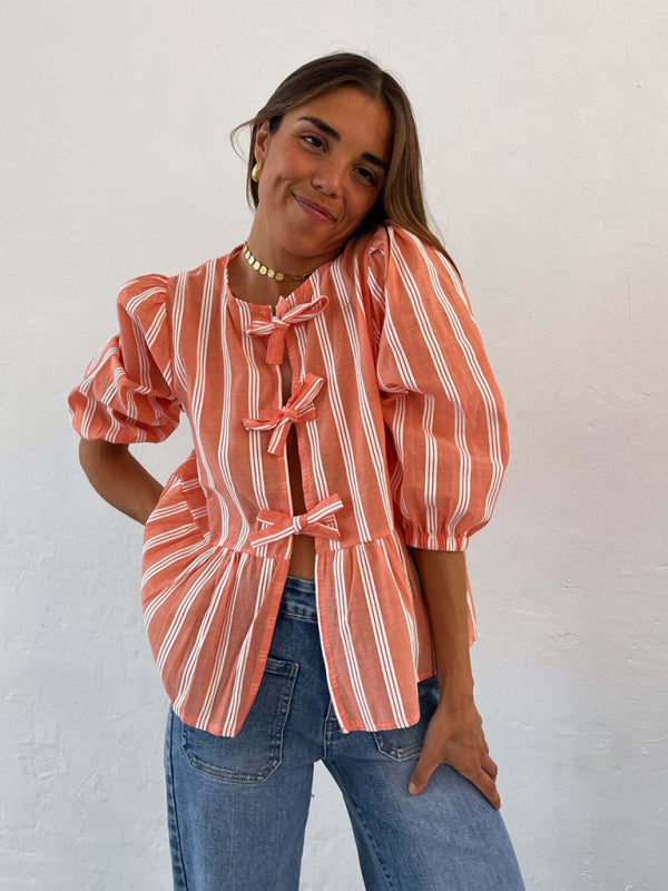 Aitana New Striped Lace Mid-Sleeve Loose Patchwork Shirt Blouse Top