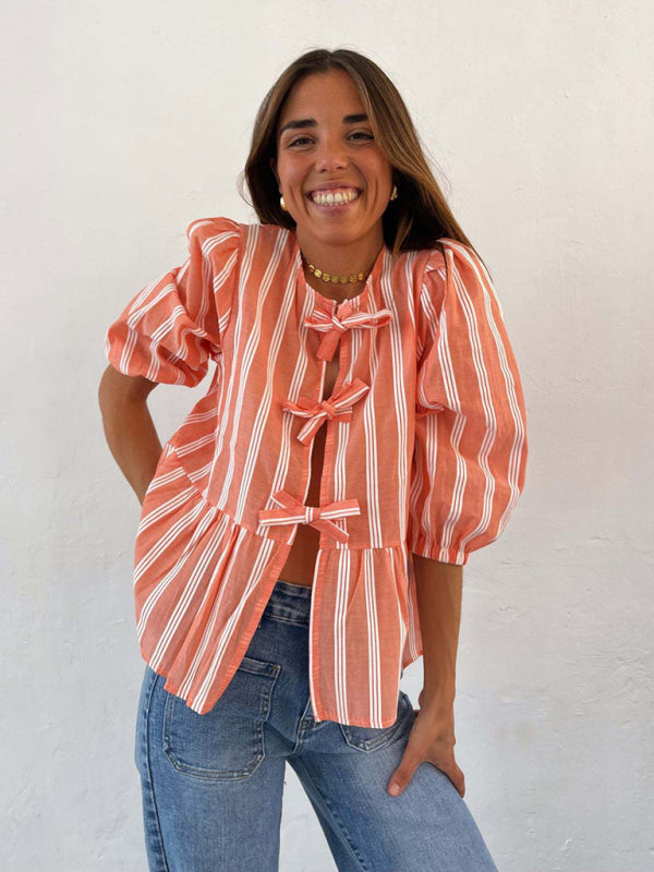 Aitana New Striped Lace Mid-Sleeve Loose Patchwork Shirt Blouse Top
