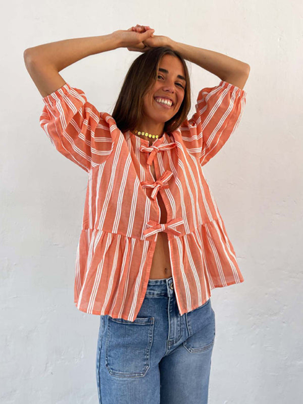 Aitana New Striped Lace Mid-Sleeve Loose Patchwork Shirt Blouse Top