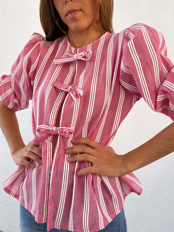 Aitana New Striped Lace Mid-Sleeve Loose Patchwork Shirt Blouse Top