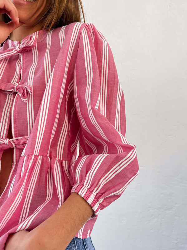 Aitana New Striped Lace Mid-Sleeve Loose Patchwork Shirt Blouse Top