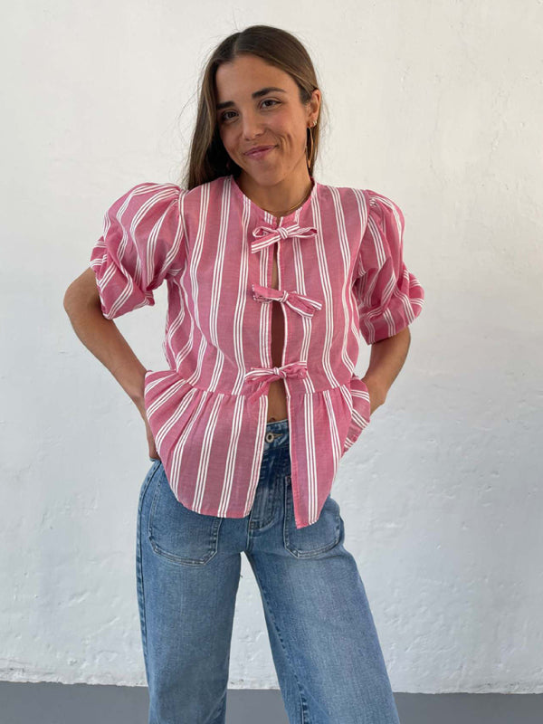 Aitana New Striped Lace Mid-Sleeve Loose Patchwork Shirt Blouse Top