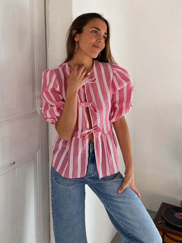 Aitana New Striped Lace Mid-Sleeve Loose Patchwork Shirt Blouse Top
