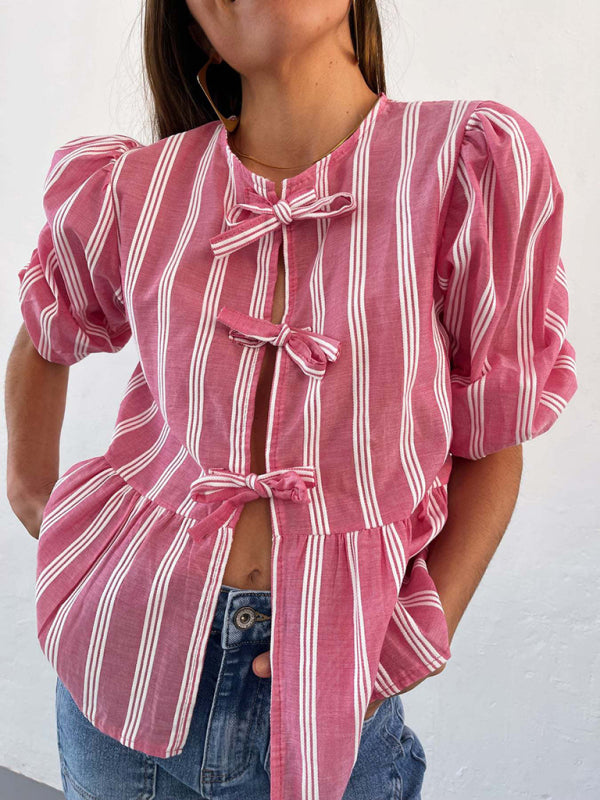 Aitana New Striped Lace Mid-Sleeve Loose Patchwork Shirt Blouse Top