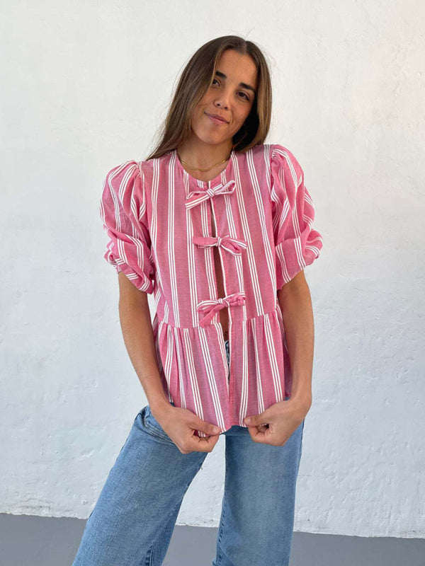 Aitana New Striped Lace Mid-Sleeve Loose Patchwork Shirt Blouse Top