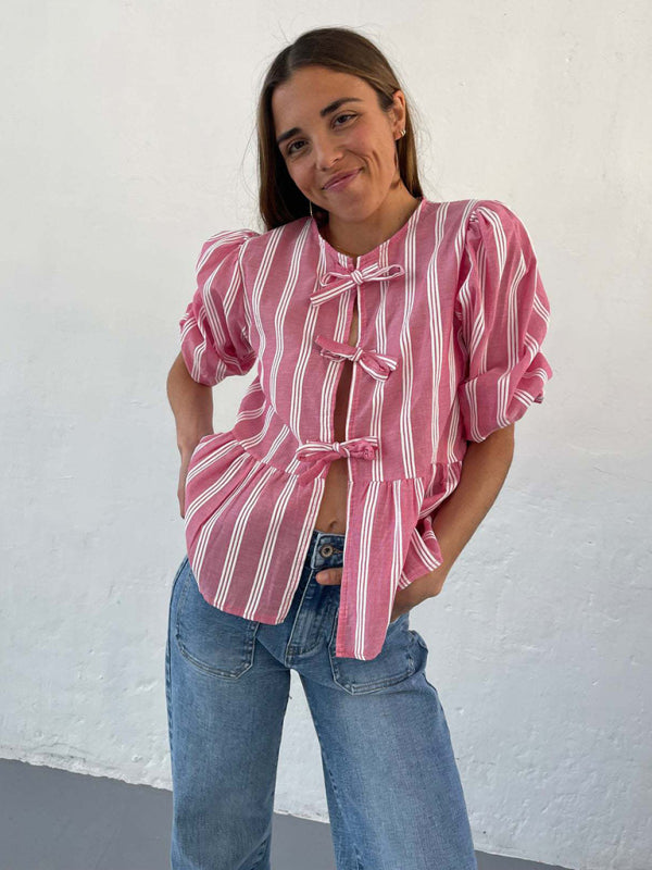 Aitana New Striped Lace Mid-Sleeve Loose Patchwork Shirt Blouse Top