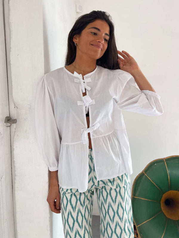 Aitana New Striped Lace Mid-Sleeve Loose Patchwork Shirt Blouse Top