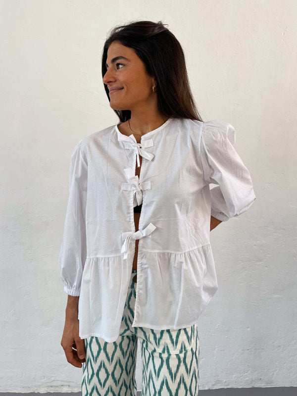 Aitana New Striped Lace Mid-Sleeve Loose Patchwork Shirt Blouse Top
