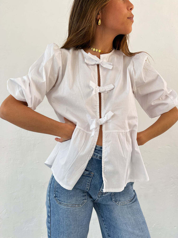 Aitana New Striped Lace Mid-Sleeve Loose Patchwork Shirt Blouse Top