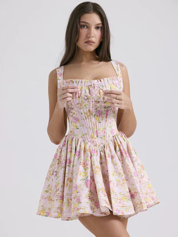 Amara New Sexy And Elegant Floral Print Suspender Waist Dress