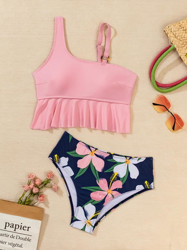 Frankie New Split Swimsuit High Waist Bikini Ruffle Leaf Print Multicolor Swimsuit