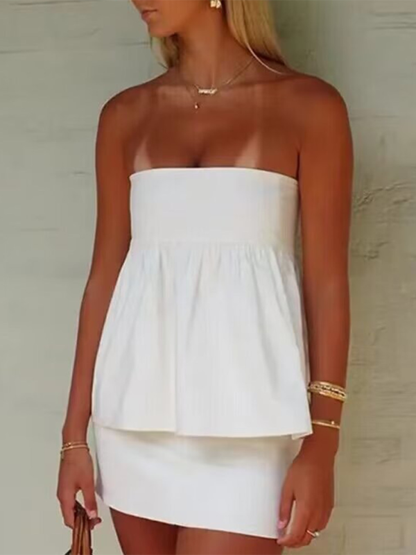 Clover Women's New Hot Girl One-Shoulder Pleated Solid Color Sleeveless Tube Top