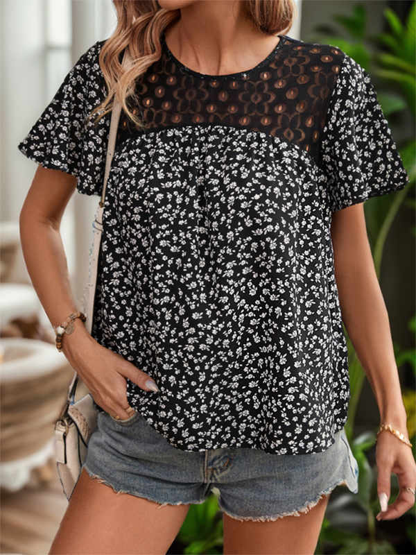 Hosanna Fashionable Women's Lace Patchwork Printed Short-Sleeved Round Neck Shirt