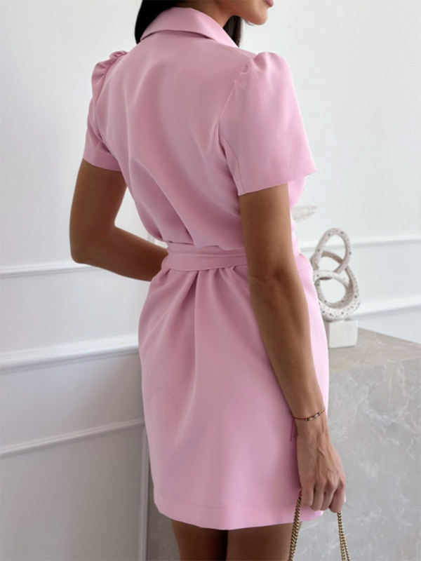 Ruby New Woman Fashionable and Sweet Suit Collar Double-Breasted Solid Color Dress